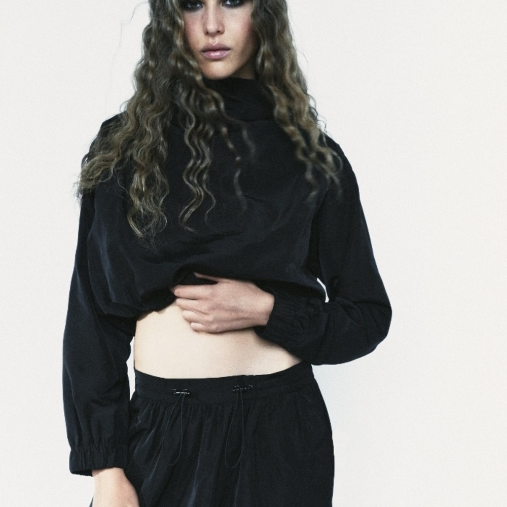 Zara Draped Cropped High Neck Blouse Long Sleeve Black Medium